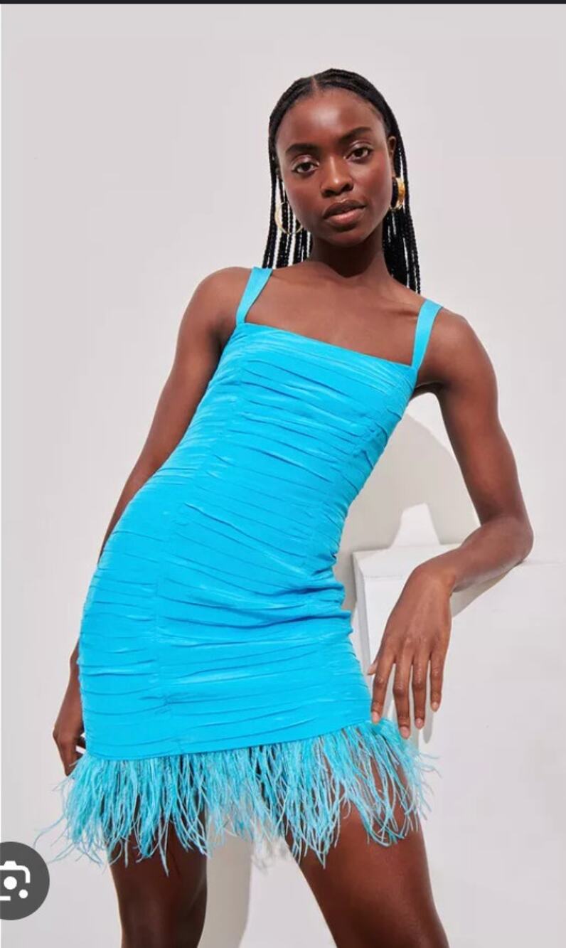 SAYLOR NY Melina Dress - Sleeveless Blue Fur Feather Trim Mini Dress XS NWT